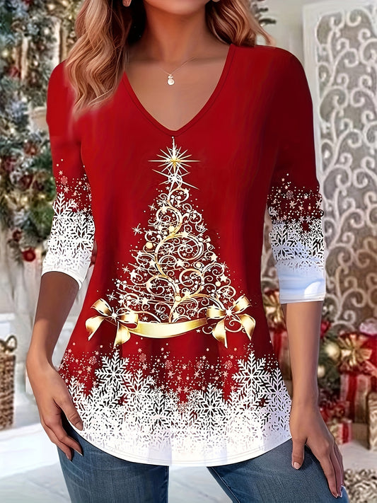 Christmas Graphic Print V Neck T-Shirt, Casual Long Sleeve Top For Spring & Fall, Women's Clothing