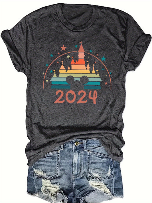 Castle & 2024 Print T-shirt, Casual Short Sleeve Crew Neck Top For Spring & Summer, Women's Clothing